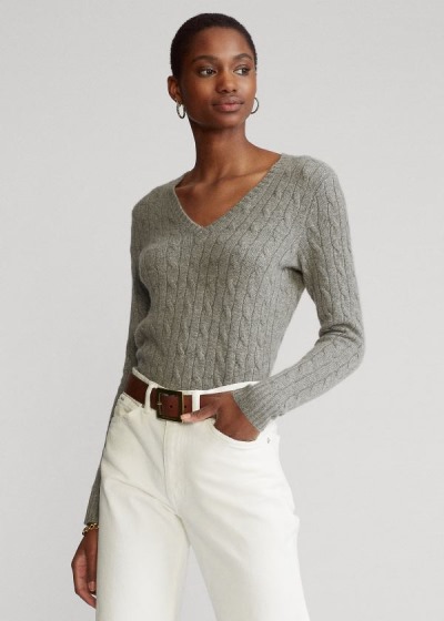 Women's Polo Ralph Lauren Cable Cashmere V-Neck Sweater | 649182TSB